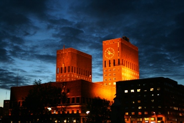 This photo of Oslo, Norway's City Hall lit up at night was taken by a Norwegian photographer.